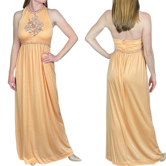 VINTAGE SAKS FIFTH AVE YOUNG DIMENSIONS 60s 70s ORANGE BEADED HALTER MAXI DRESS - Picture 1 of 11